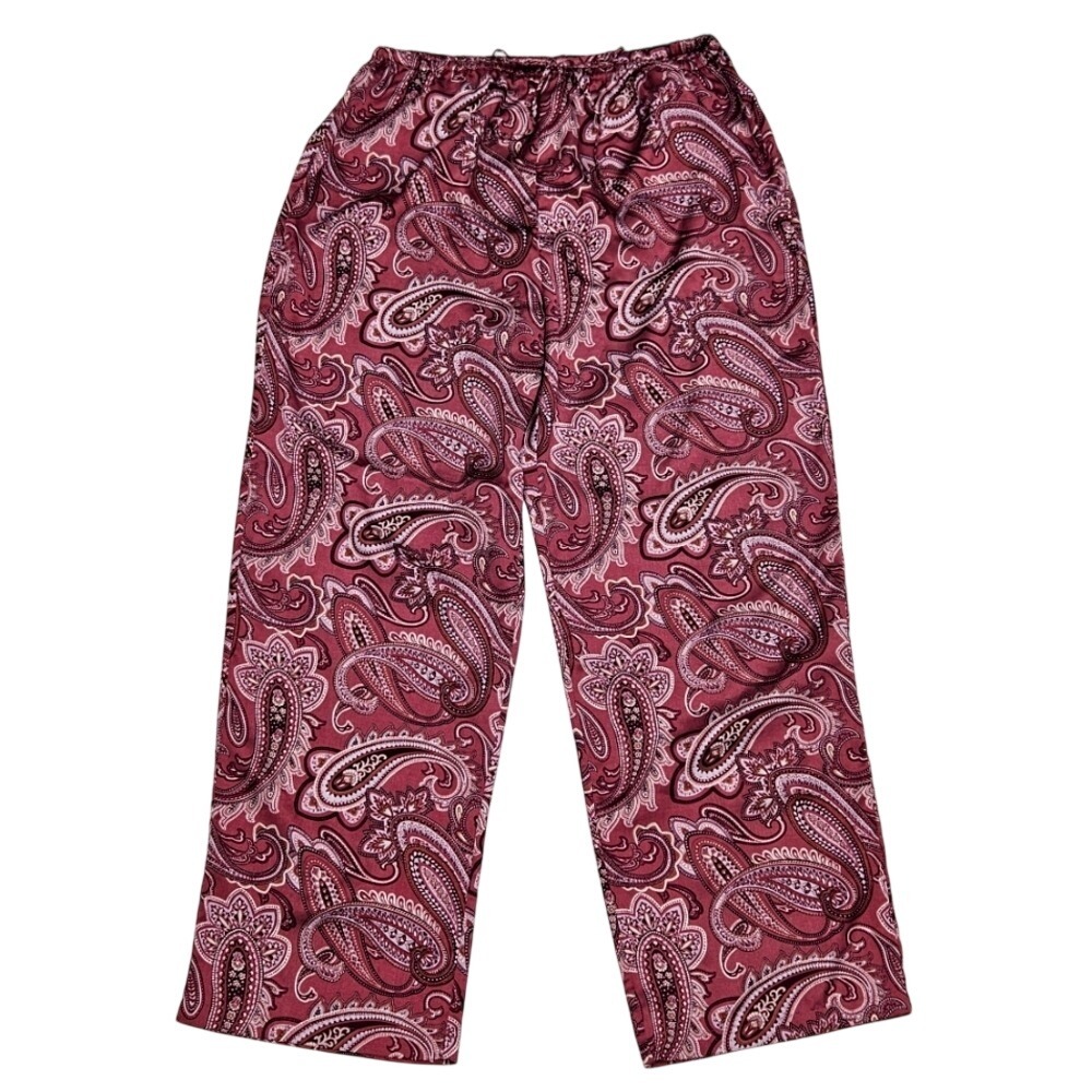 Valerie Stevens Womens Burgundy‎ Paisley Satin Pajama Pants Wide Leg Size Large